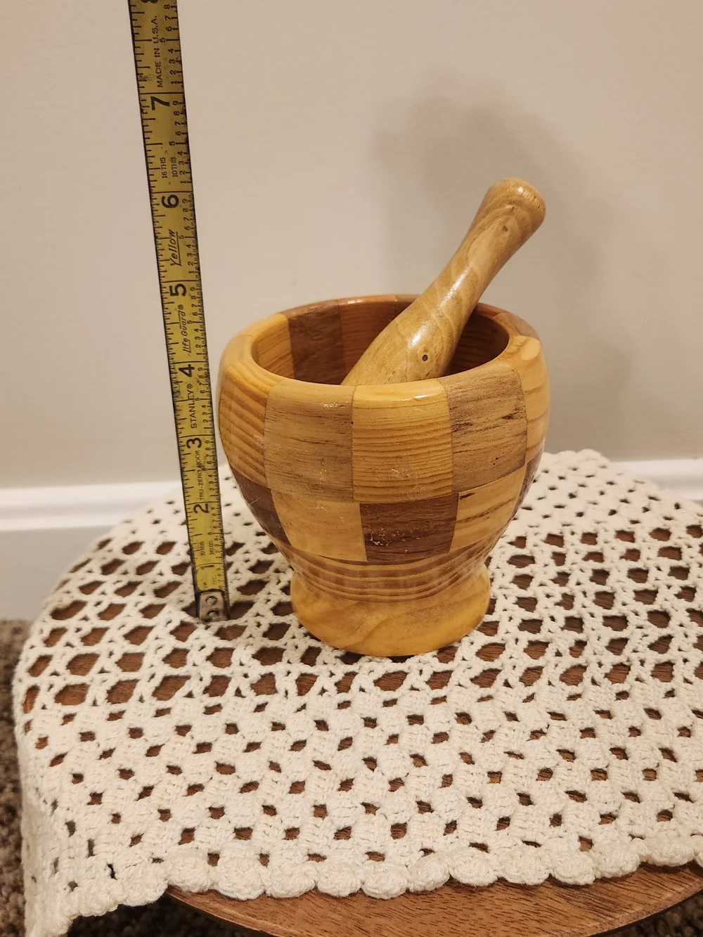 Wooden Mortar and Pestle Set With Checkerboard Pattern